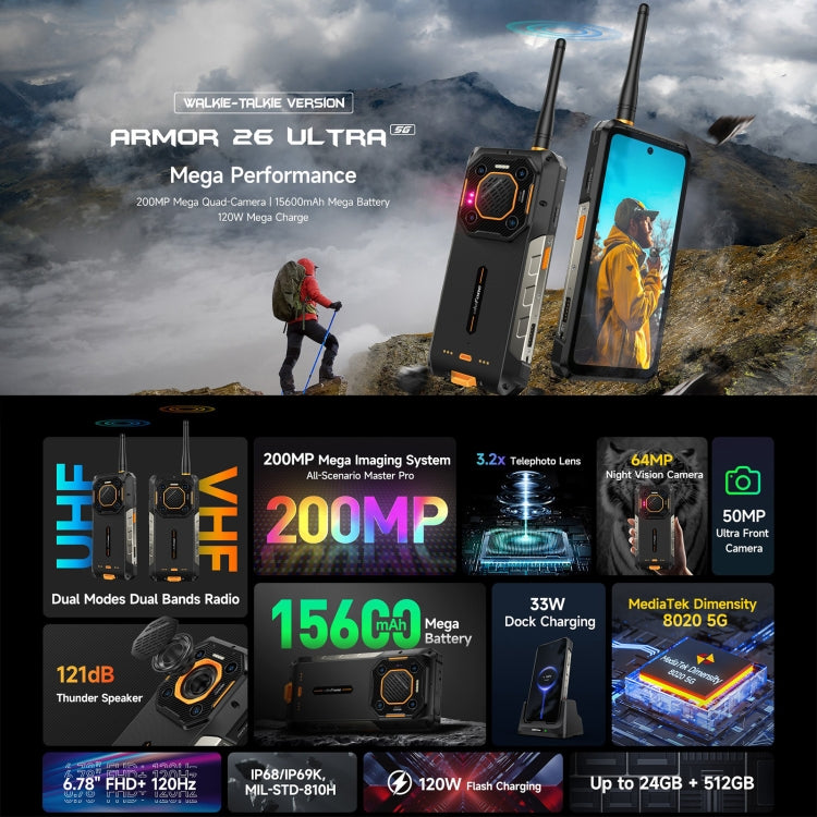 Ulefone Armor 26 Ultra Walkie-Talkie Version Rugged Phone, 12GB+512GB, 6.78 inch Android 13 MediaTek Dimensity 8020 Octa Core, Network: 5G, NFC(Black) - Ulefone by Ulefone | Online Shopping UK | buy2fix