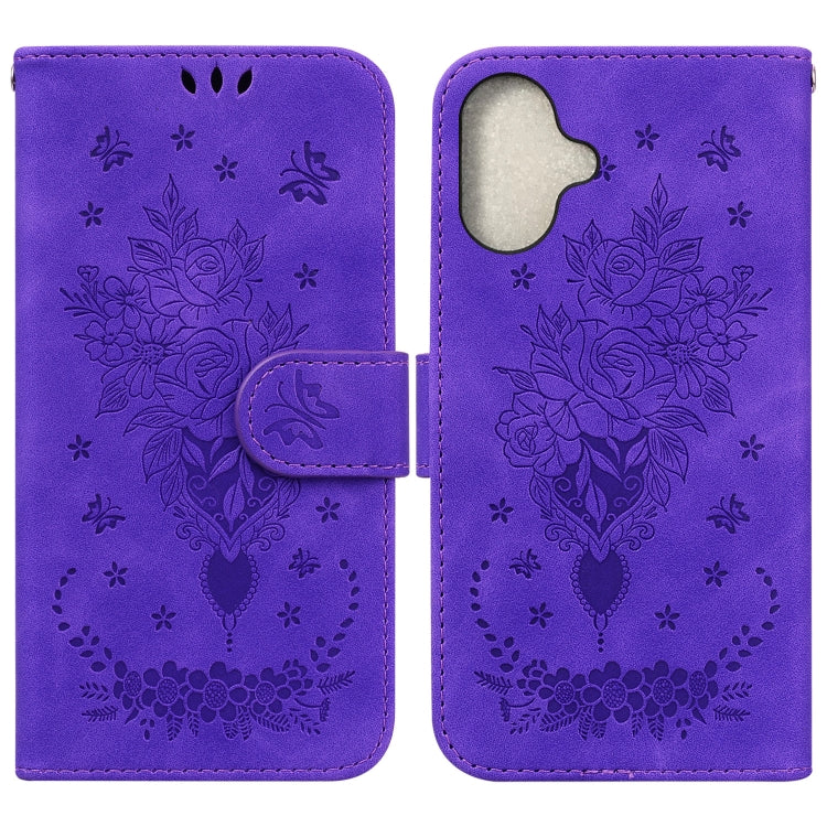 For iPhone 16 Butterfly Rose Embossed Leather Phone Case(Purple) - iPhone 16 Cases by buy2fix | Online Shopping UK | buy2fix