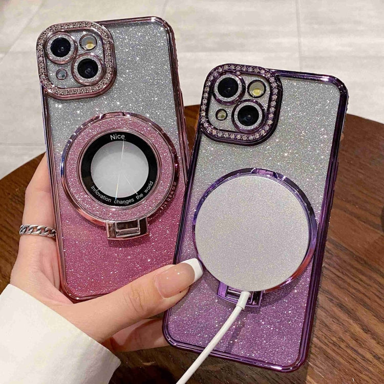 For iPhone 13 Pro Gradient Glitter Diamond Plated Holder Magsafe Phone Case(Silver) - iPhone 13 Pro Cases by buy2fix | Online Shopping UK | buy2fix