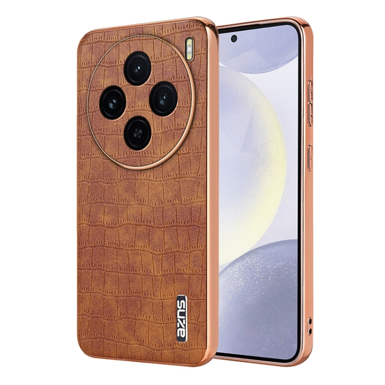 For vivo X100 5G AZNS Electroplated Frame Crocodile Texture Full Coverage Phone Case(Brown) - vivo Cases by AZNS | Online Shopping UK | buy2fix