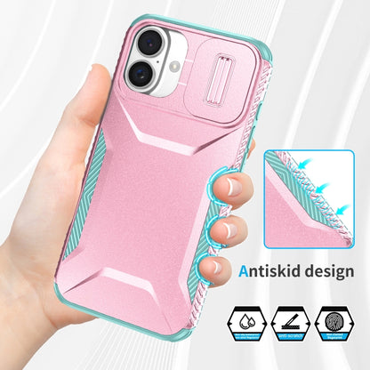 For iPhone 16 Plus Sliding Camshield Phone Case(Pink + Grey Green) - iPhone 16 Plus Cases by buy2fix | Online Shopping UK | buy2fix