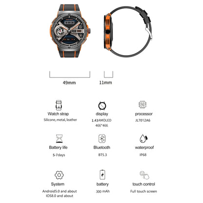 LEMFO HK52 1.43 inch BT5.3 IP68 Sport Smart Watch, Support Bluetooth Call / Message Notification / Heart Rate / Blood Pressure Health Monitor(Orange) - Smart Watches by LEMFO | Online Shopping UK | buy2fix