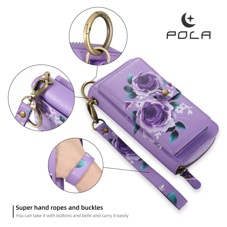 For iPhone 13 Pro Max POLA MagSafe Flower Multi-functional Zipper Wallet Leather Phone Case(Purple) - iPhone 13 Pro Max Cases by buy2fix | Online Shopping UK | buy2fix