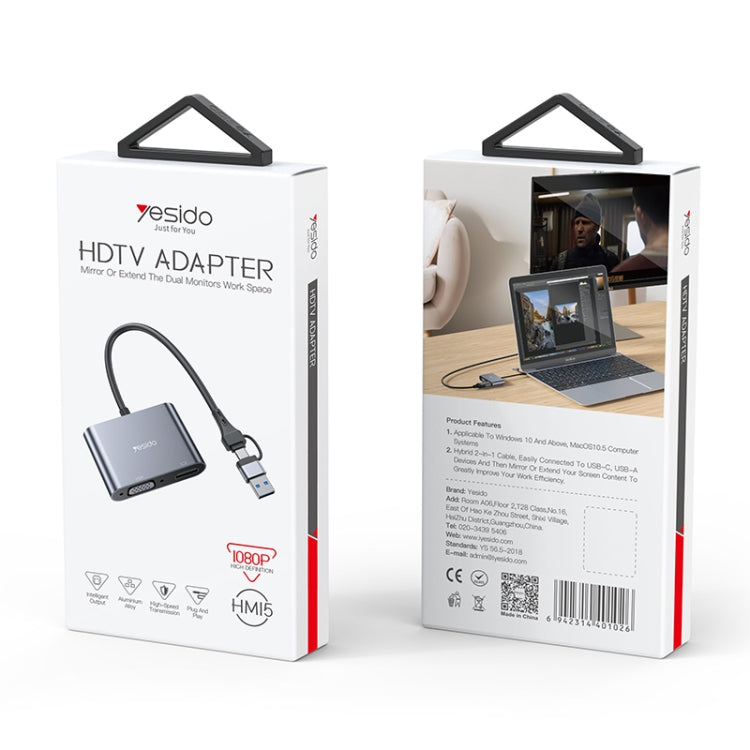 Yesido HM15 USB-C / Type-C + USB 2.0 Interface HDTV Split Screen Adapter(Grey) - Splitter by Yesido | Online Shopping UK | buy2fix