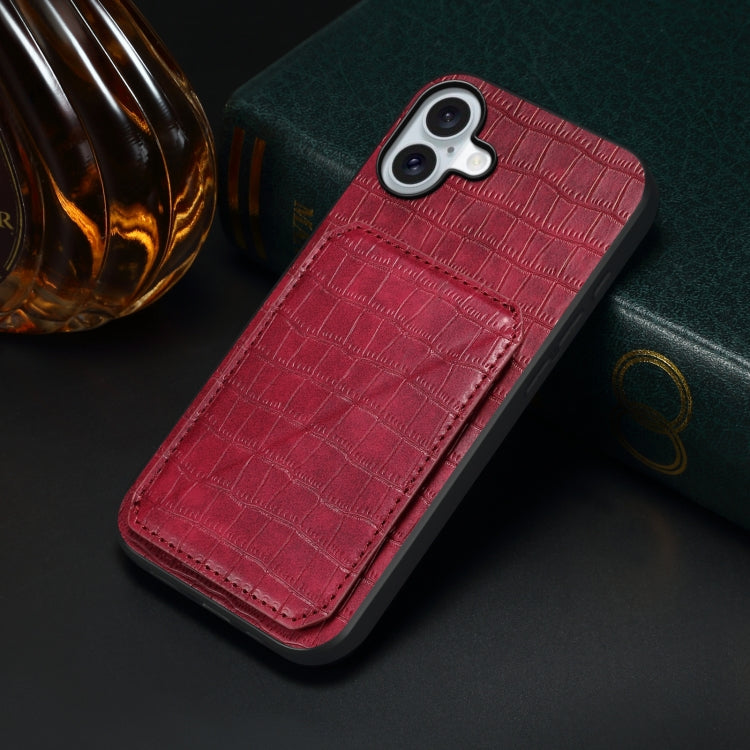 For iPhone 16 Imitation Crocodile Leather Back Phone Case with Holder(Rose Red) - iPhone 16 Cases by buy2fix | Online Shopping UK | buy2fix