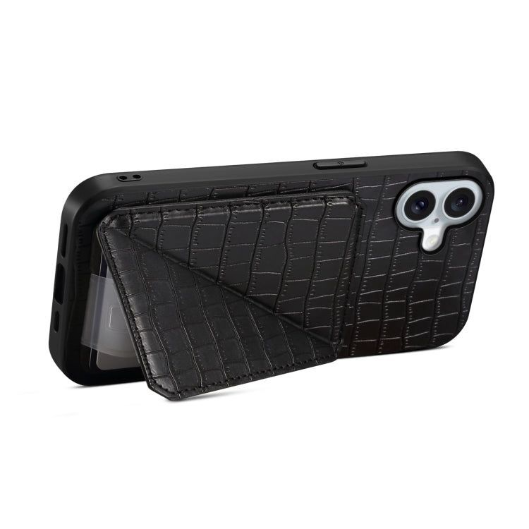 For iPhone 16 Plus Imitation Crocodile Leather Back Phone Case with Holder(Black) - iPhone 16 Plus Cases by buy2fix | Online Shopping UK | buy2fix