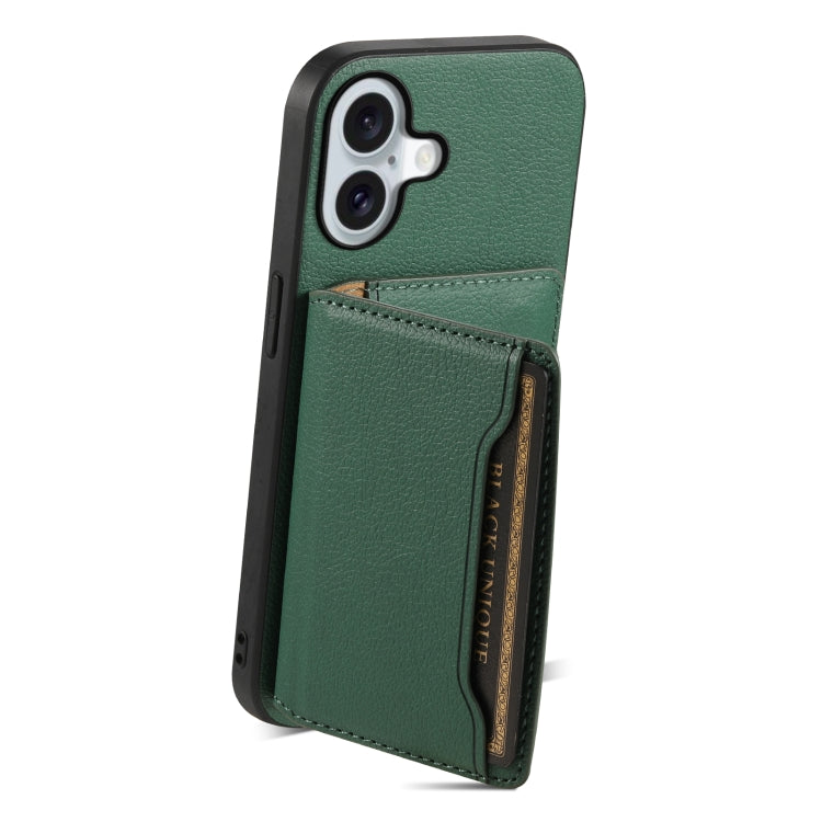 For iPhone 16 Calf Texture Card Bag Design Full Coverage Phone Case(Green) - iPhone 16 Cases by buy2fix | Online Shopping UK | buy2fix