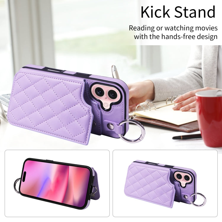 For iPhone 16 Rhombic Texture Card Bag Phone Case with Short Lanyard(Purple) - iPhone 16 Cases by buy2fix | Online Shopping UK | buy2fix