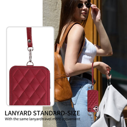 For iPhone 16 Rhombic Texture Card Bag Phone Case with Short Lanyard(Wine Red) - iPhone 16 Cases by buy2fix | Online Shopping UK | buy2fix