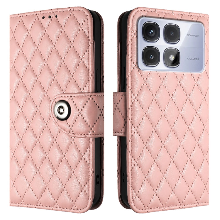 For Redmi K70 Ultra 5G Global Rhombic Texture Flip Leather Phone Case with Lanyard(Coral Pink) - Xiaomi Cases by buy2fix | Online Shopping UK | buy2fix