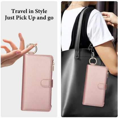 For iPhone 16 Plus Crossbody Ring Multifunctional Wallet Leather Phone Case(Rose Gold) - iPhone 16 Plus Cases by buy2fix | Online Shopping UK | buy2fix