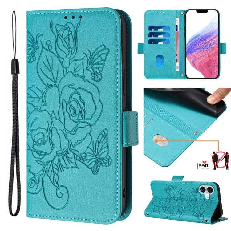 For iPhone 16 Embossed Rose RFID Anti-theft Leather Phone Case(Light Blue) - iPhone 16 Cases by buy2fix | Online Shopping UK | buy2fix