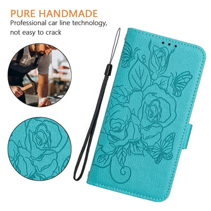 For iPhone 16 Plus Embossed Rose RFID Anti-theft Leather Phone Case(Light Blue) - iPhone 16 Plus Cases by buy2fix | Online Shopping UK | buy2fix