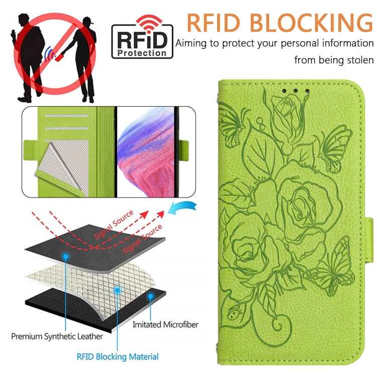 For Blackview A53 Embossed Rose RFID Anti-theft Leather Phone Case(Green) - More Brand by buy2fix | Online Shopping UK | buy2fix