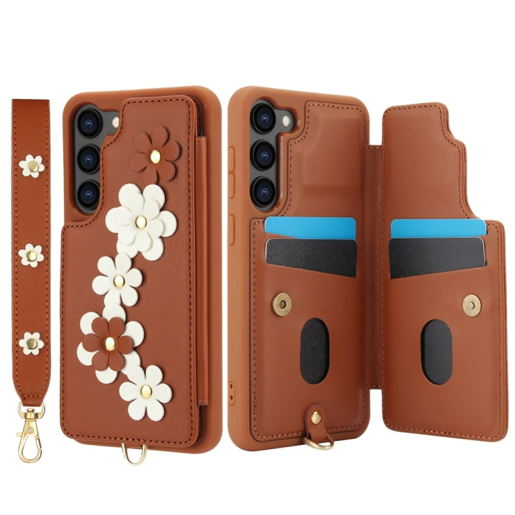 For Samsung Galaxy S25+ 5G Crossbody Flower Pattern Leather Phone Case(Brown) - Galaxy S23+ 5G Cases by buy2fix | Online Shopping UK | buy2fix