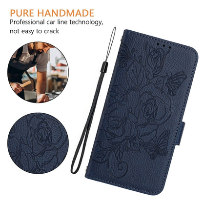 For Motorola Moto G Play 4G 2024 Embossed Rose RFID Anti-theft Leather Phone Case(Dark Blue) - Motorola Cases by buy2fix | Online Shopping UK | buy2fix