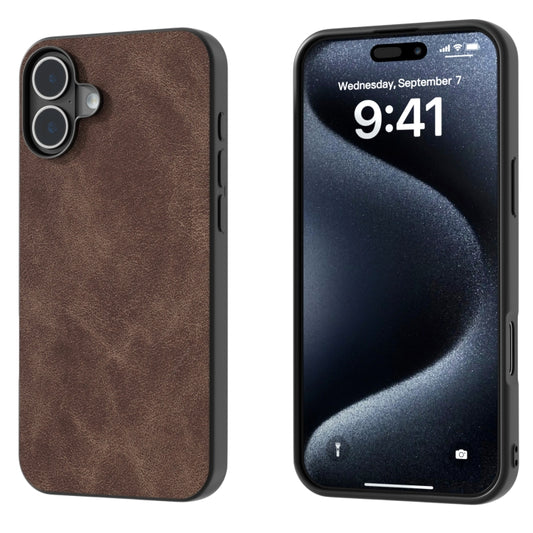 For iPhone 16 Black Frame PU Leather Full Coverage Phone Case(Coffee) - iPhone 16 Cases by buy2fix | Online Shopping UK | buy2fix