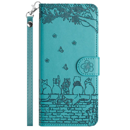 For Samsung Galaxy S25 5G Cat Embossing Pattern Leather Phone Case with Lanyard(Blue) - Galaxy S25 5G Cases by buy2fix | Online Shopping UK | buy2fix