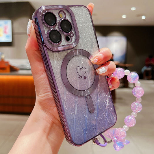 For iPhone 15 Pro Loves Leaves Gradient Glitter Bracelets Carbon Fiber Magsafe TPU Phone Case(Purple) - iPhone 15 Pro Cases by buy2fix | Online Shopping UK | buy2fix