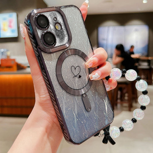 For iPhone 11 Loves Leaves Gradient Glitter Bracelets Carbon Fiber Magsafe TPU Phone Case(Black) - iPhone 11 Cases by buy2fix | Online Shopping UK | buy2fix