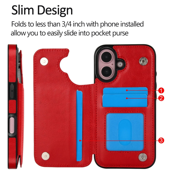 For iPhone 16 Plus Double Buckle Crazy Horse Texture PU Phone Case(Red) - iPhone 16 Plus Cases by buy2fix | Online Shopping UK | buy2fix