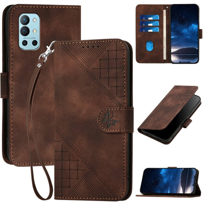 For OnePlus 11 YX0080 Grid Butterfly Embossed Pattern Flip Leather Phone Case with Lanyard(Coffee) - OnePlus Cases by buy2fix | Online Shopping UK | buy2fix