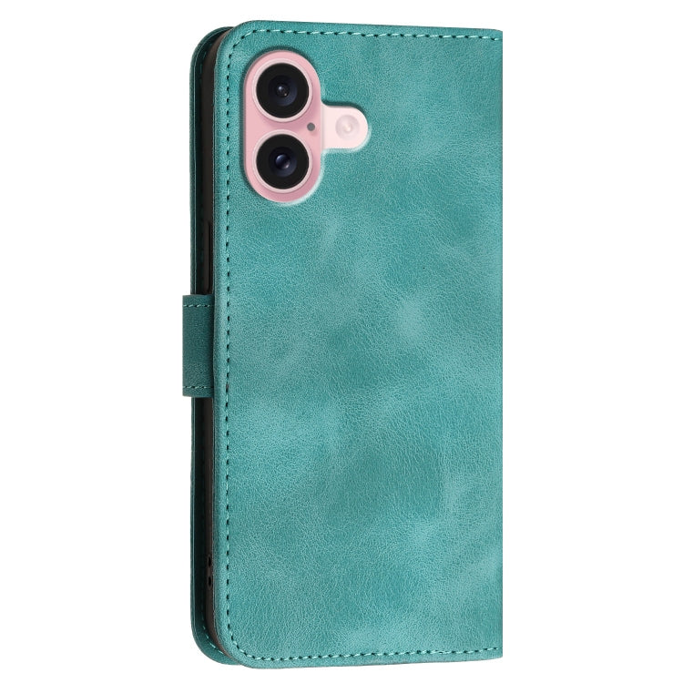 For iPhone 16 YX0080 Grid Butterfly Embossed Pattern Flip Leather Phone Case with Lanyard(Light Blue) - iPhone 16 Cases by buy2fix | Online Shopping UK | buy2fix