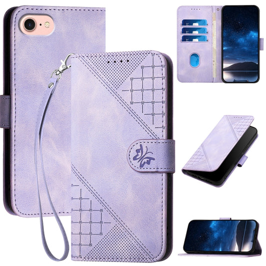 For iPhone SE 2024 YX0080 Grid Butterfly Embossed Pattern Flip Leather Phone Case with Lanyard(Light Purple) - More iPhone Cases by buy2fix | Online Shopping UK | buy2fix