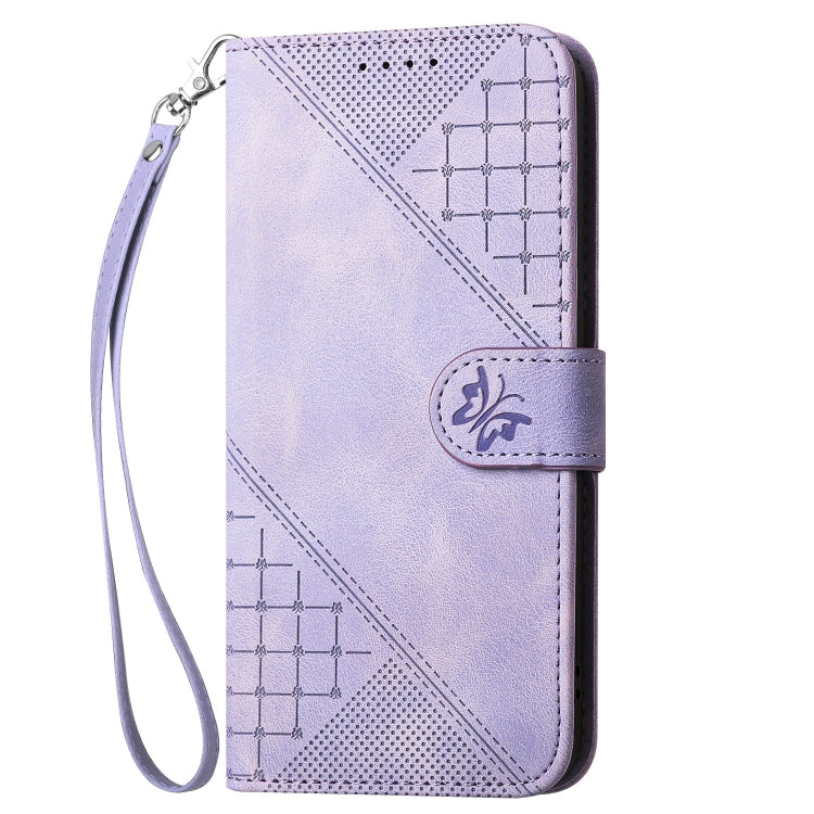 For iPhone SE 2024 YX0080 Grid Butterfly Embossed Pattern Flip Leather Phone Case with Lanyard(Light Purple) - More iPhone Cases by buy2fix | Online Shopping UK | buy2fix