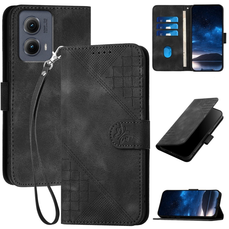 For Motorola Edge 2024 5G Global YX0080 Grid Butterfly Embossed Pattern Flip Leather Phone Case with Lanyard(Black) - Motorola Cases by buy2fix | Online Shopping UK | buy2fix