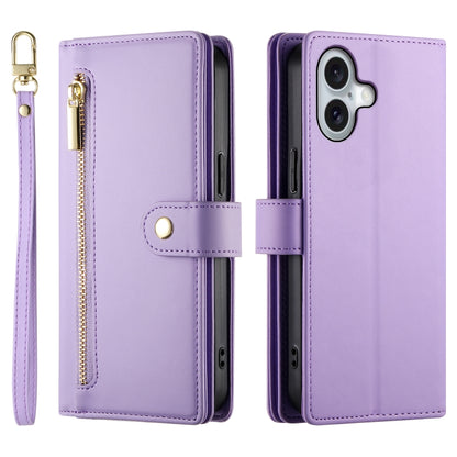 For iPhone 16 Plus Nine Card-slot Zipper Wallet Bag Leather Phone Case(Purple) - iPhone 16 Plus Cases by buy2fix | Online Shopping UK | buy2fix