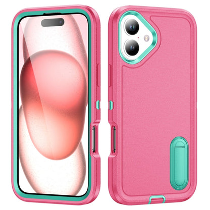 For iPhone 16 Rugged PC + Silicone Phone Case with Holder(Rose Red+Light Green) - iPhone 16 Cases by buy2fix | Online Shopping UK | buy2fix