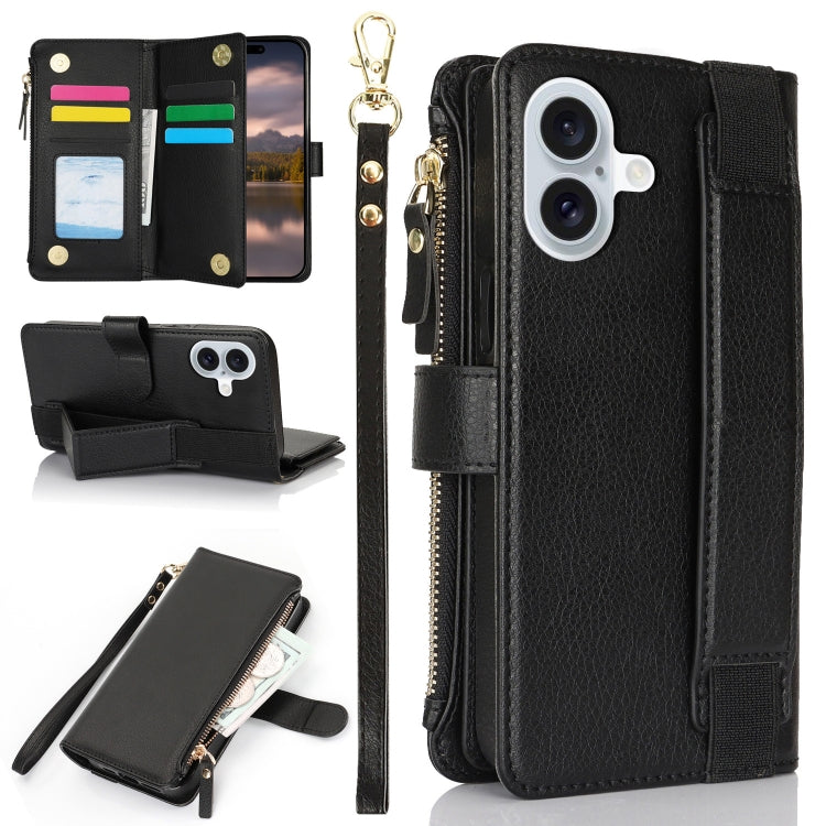 For iPhone 16 Wristband Holder Zipper Purse RFID Leather Phone Case(Black) - iPhone 16 Cases by buy2fix | Online Shopping UK | buy2fix