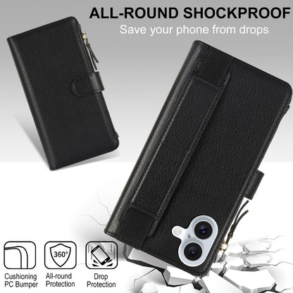 For iPhone 16 Wristband Holder Zipper Purse RFID Leather Phone Case(Black) - iPhone 16 Cases by buy2fix | Online Shopping UK | buy2fix