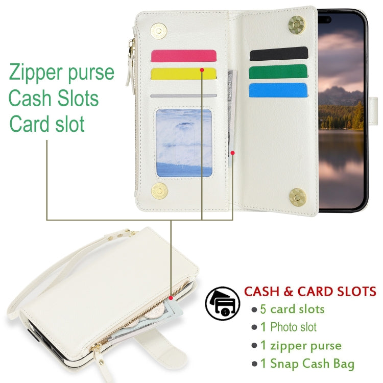 For iPhone 16 Plus Wristband Holder Zipper Purse RFID Leather Phone Case(White) - iPhone 16 Plus Cases by buy2fix | Online Shopping UK | buy2fix