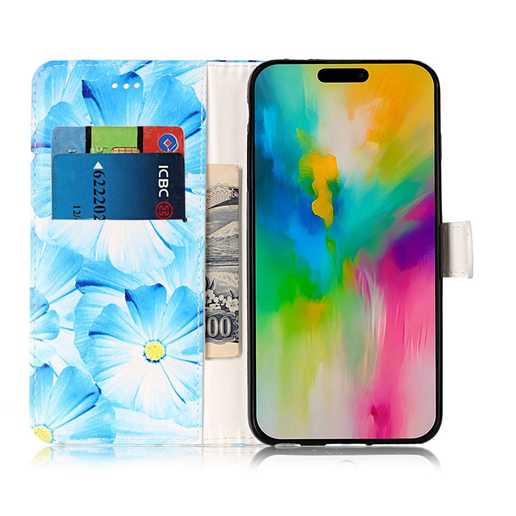 For iPhone 16 Pro Max Colored Drawing Marble Pattern Leather Phone Case(Blue Flower) - iPhone 16 Pro Max Cases by buy2fix | Online Shopping UK | buy2fix