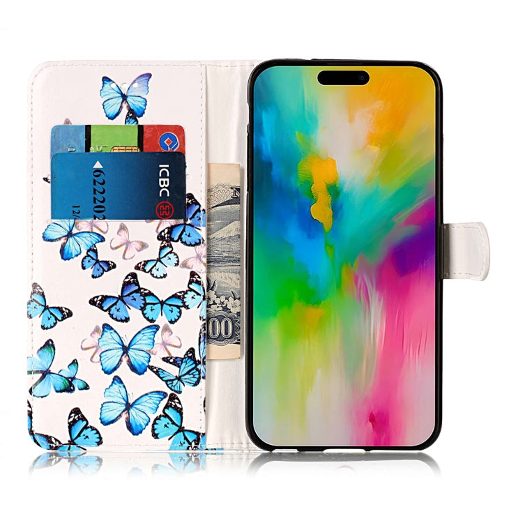 For iPhone 16 Pro Max Colored Drawing Marble Pattern Leather Phone Case(Little Blue Butterflies) - iPhone 16 Pro Max Cases by buy2fix | Online Shopping UK | buy2fix