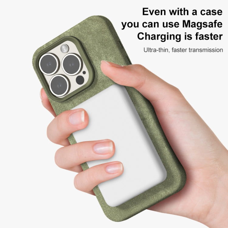 For iPhone 14 Skin Feel Denim Leather MagSafe Phone Case(Khaki Green) - iPhone 14 Cases by buy2fix | Online Shopping UK | buy2fix