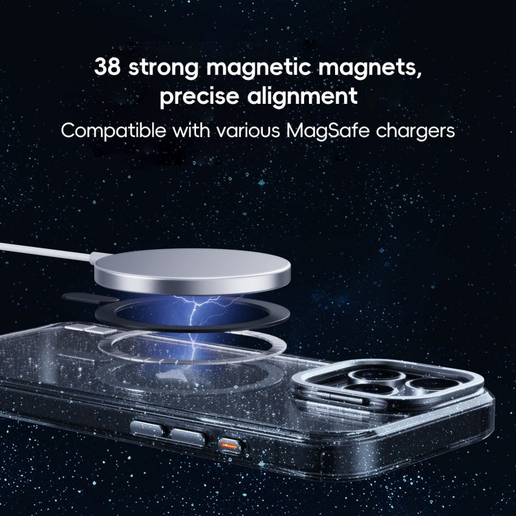 For iPhone 16 Glitter Powder Lens Holder MagSafe Magnetic Phone Case(Transparent Titanium Blue) - iPhone 16 Cases by buy2fix | Online Shopping UK | buy2fix