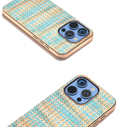 For iPhone 16 Pro Max Electroplated Frame Color Lattice Texture PU Phone Case(Blue) - iPhone 16 Pro Max Cases by buy2fix | Online Shopping UK | buy2fix