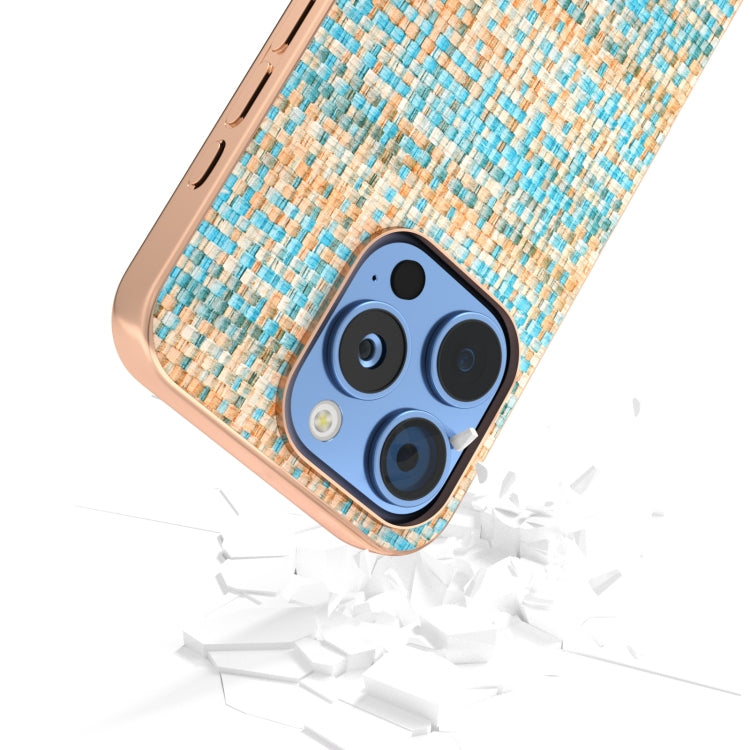 For iPhone 16 Pro Max Electroplated Frame Color Lattice Texture PU Phone Case(Blue) - iPhone 16 Pro Max Cases by buy2fix | Online Shopping UK | buy2fix