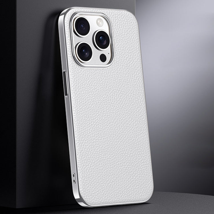 For iPhone 16 Pro First Layer Cowhide Leather Electroplated PC Phone Case(White) - iPhone 16 Pro Cases by buy2fix | Online Shopping UK | buy2fix