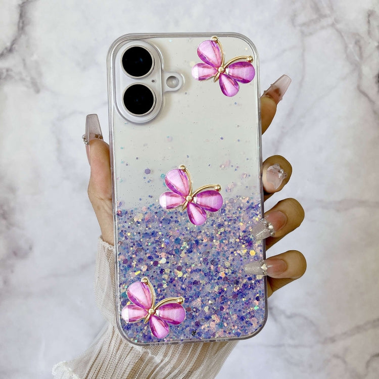 For iPhone 16 Luminous Starry Sky Glitter Butterfly TPU Phone Case(Purple) - iPhone 16 Cases by buy2fix | Online Shopping UK | buy2fix