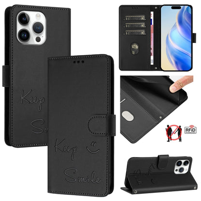 For iPhone 16 Pro Max Smile Embossing RFID Leather Phone Case(Black) - iPhone 16 Pro Max Cases by buy2fix | Online Shopping UK | buy2fix