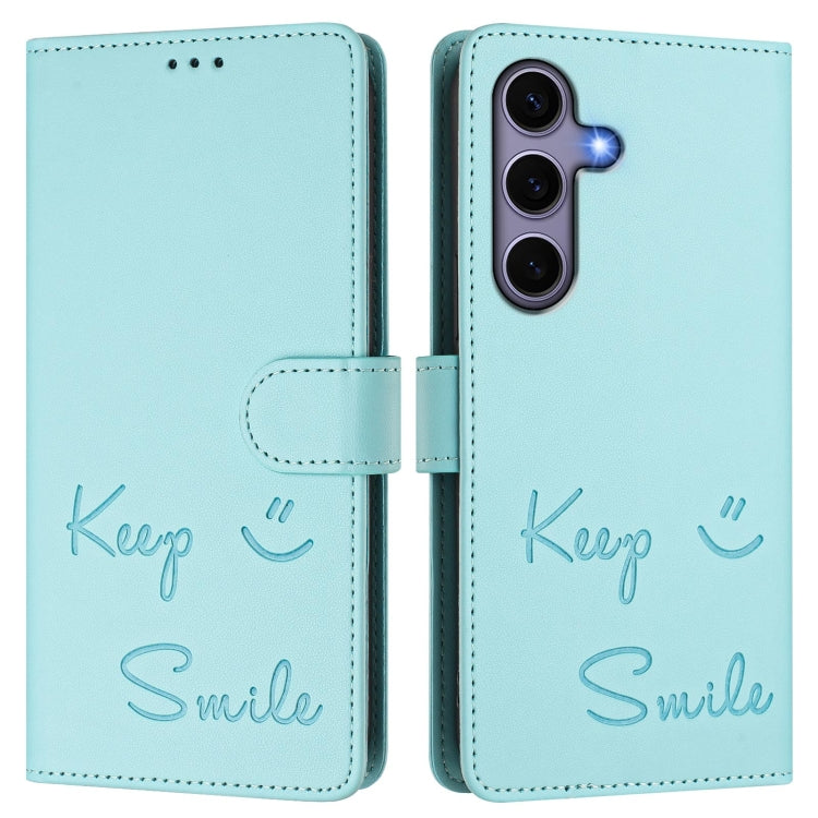 For Samsung Galaxy S25 5G Smile Embossing RFID Leather Phone Case(Mint Green) - Galaxy S25 5G Cases by buy2fix | Online Shopping UK | buy2fix