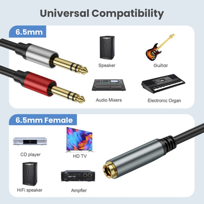 1m Gold Plated 6.35mm Female to 2 x 6.35mm Male Stereo Audio Adapter Y Splitter Cable(Black) - Video & Audio Cable by buy2fix | Online Shopping UK | buy2fix