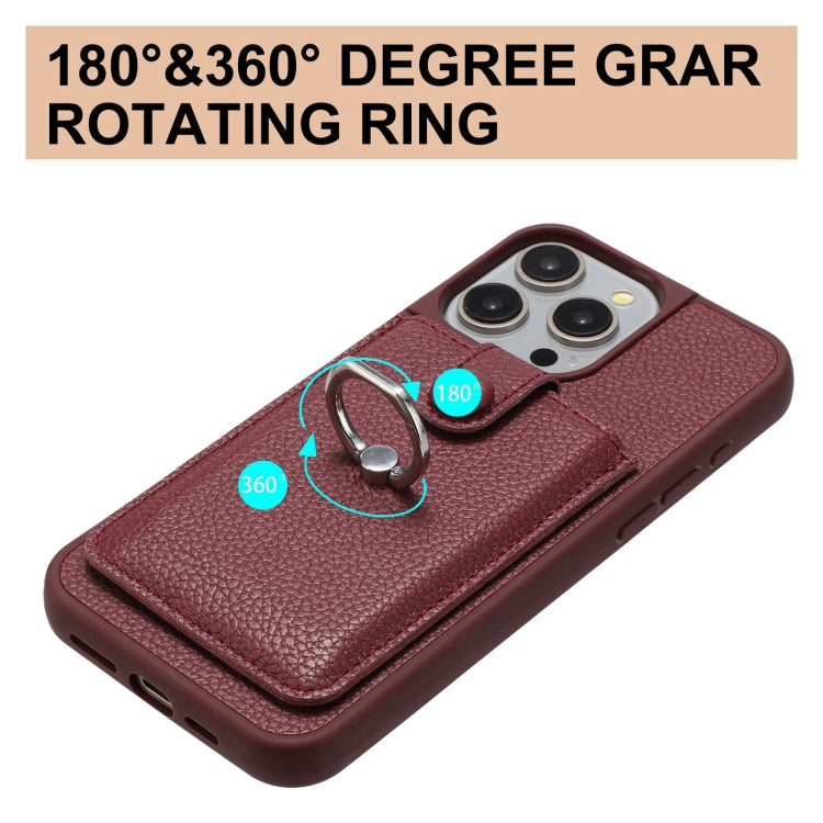 For iPhone 16 Pro Litchi Texture Drawing Card Bag Ring Holder Phone Case(Wine Red) - iPhone 16 Pro Cases by buy2fix | Online Shopping UK | buy2fix