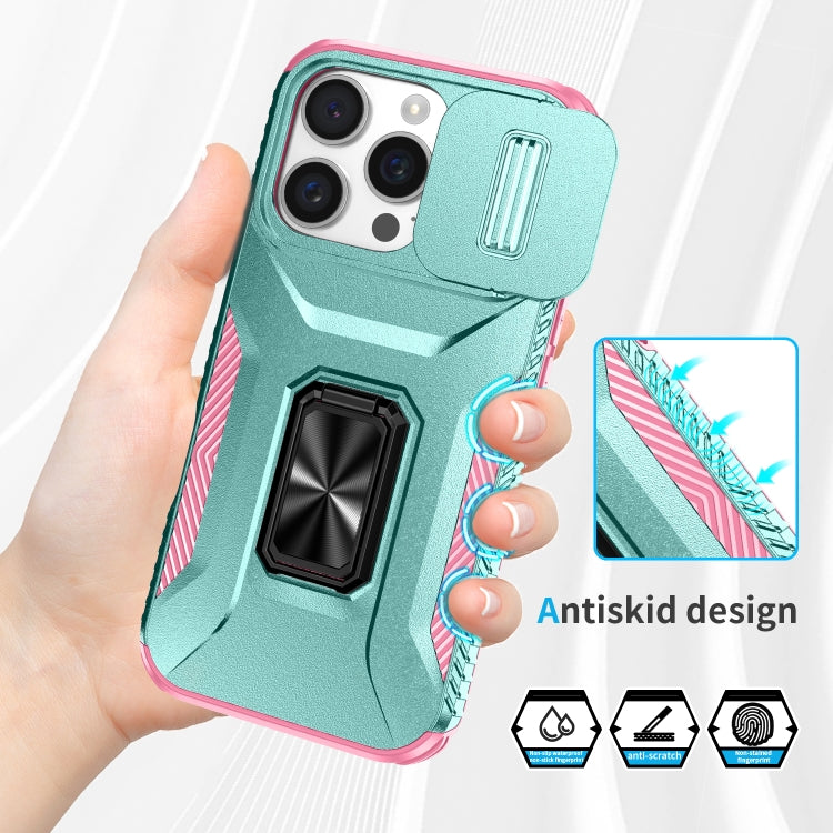 For iPhone 16 Pro Sliding Camshield Holder Phone Case(Grey Green + Pink) - iPhone 16 Pro Cases by buy2fix | Online Shopping UK | buy2fix