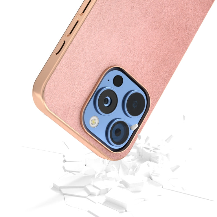 For iPhone 16 Pro Max Nano Electroplating Dual Color Cowhide Texture Protective Phone Case(Rose Gold) - iPhone 16 Pro Max Cases by buy2fix | Online Shopping UK | buy2fix