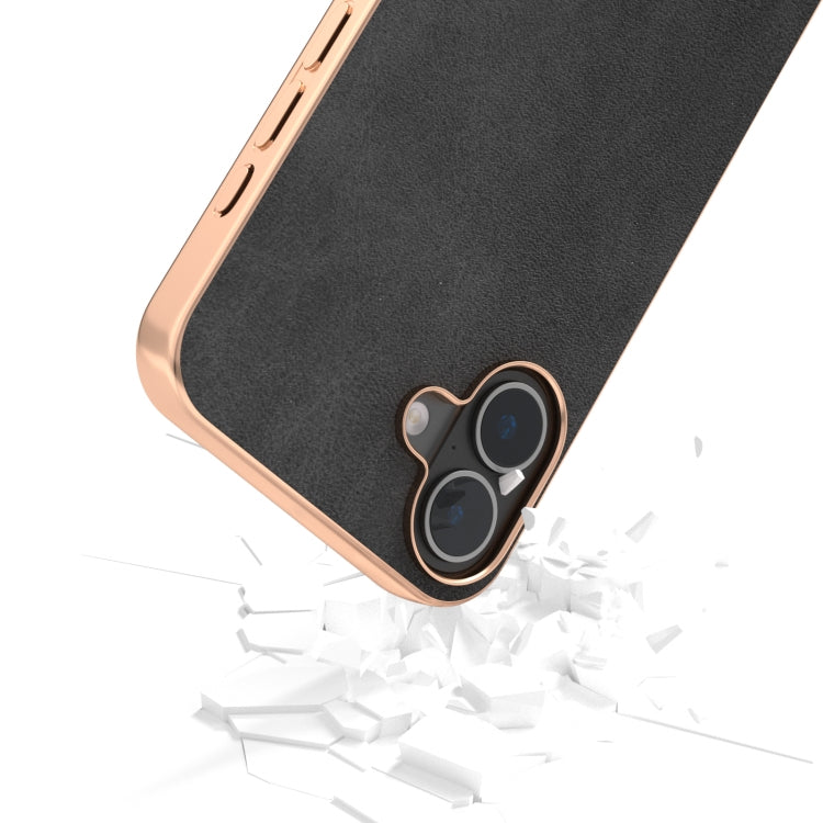 For iPhone 16 Nano Electroplating Dual Color Cowhide Texture Protective Phone Case(Black) - iPhone 16 Cases by buy2fix | Online Shopping UK | buy2fix